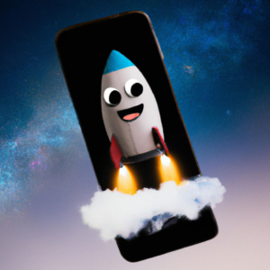 DALL-E-2023-07-30-14.20.15-A-smiling-smartphone-flying-with-a-rocket-attached-space-sky-background-AMOLED-wallpaper